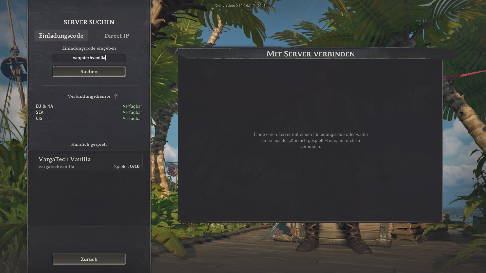 Varga-Tech Windrose Vanilla Server Anleitung Schritt 1: Einladungscode vargatechvanilla in der Windrose Serversuche eingeben